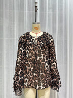 Women's Spring Women Clothing Leopard Print Lacing Chiffon Long Sleeve Shirt Top