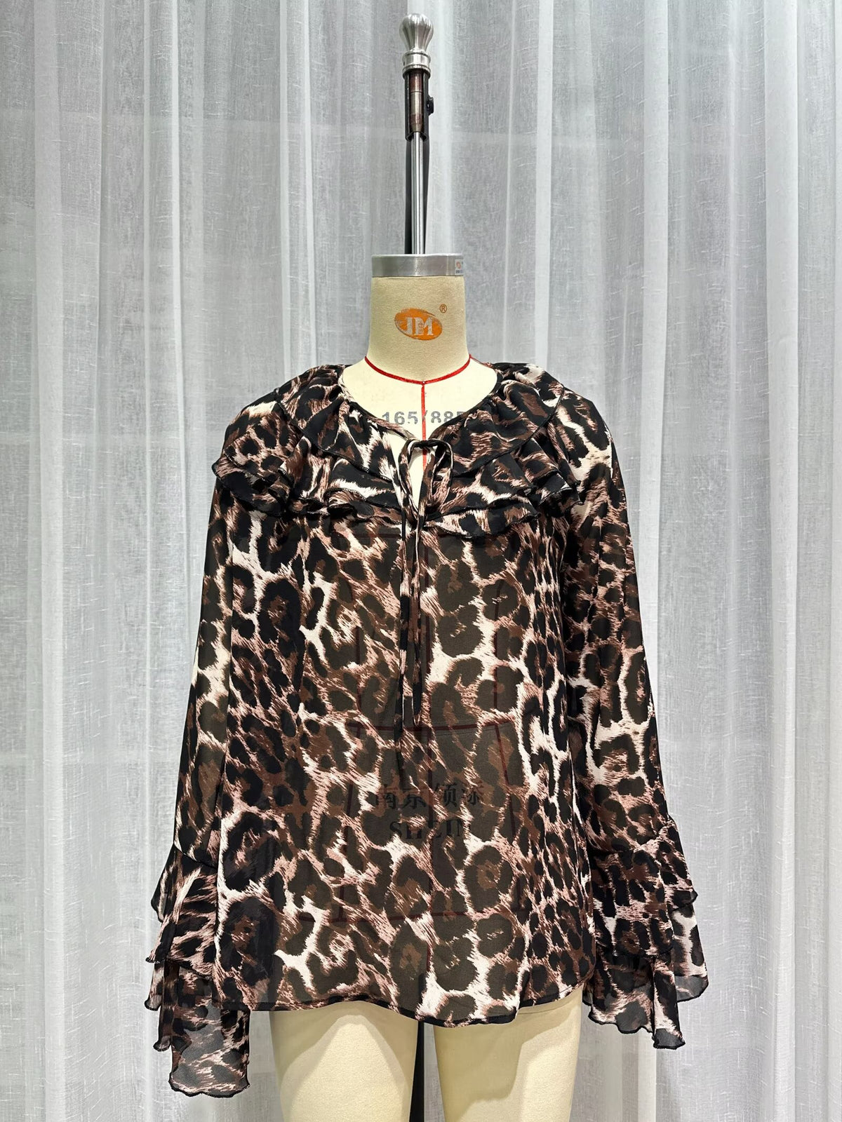 Women's Spring Women Clothing Leopard Print Lacing Chiffon Long Sleeve Shirt Top