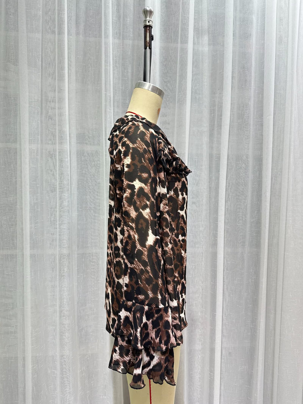 Women's Spring Women Clothing Leopard Print Lacing Chiffon Long Sleeve Shirt Top