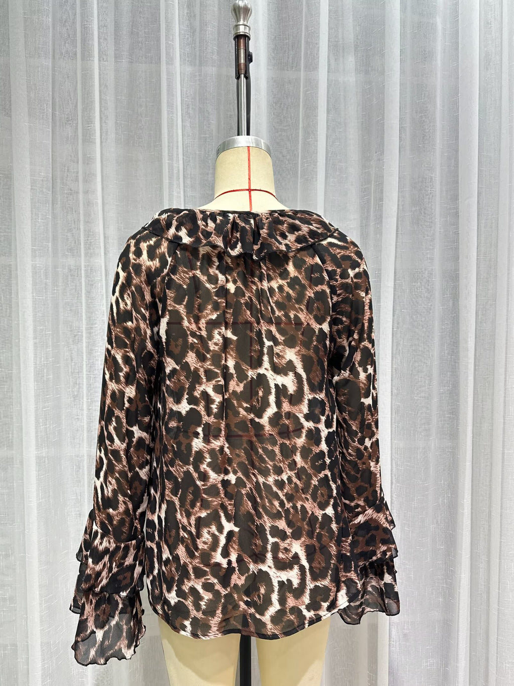 Women's Spring Women Clothing Leopard Print Lacing Chiffon Long Sleeve Shirt Top