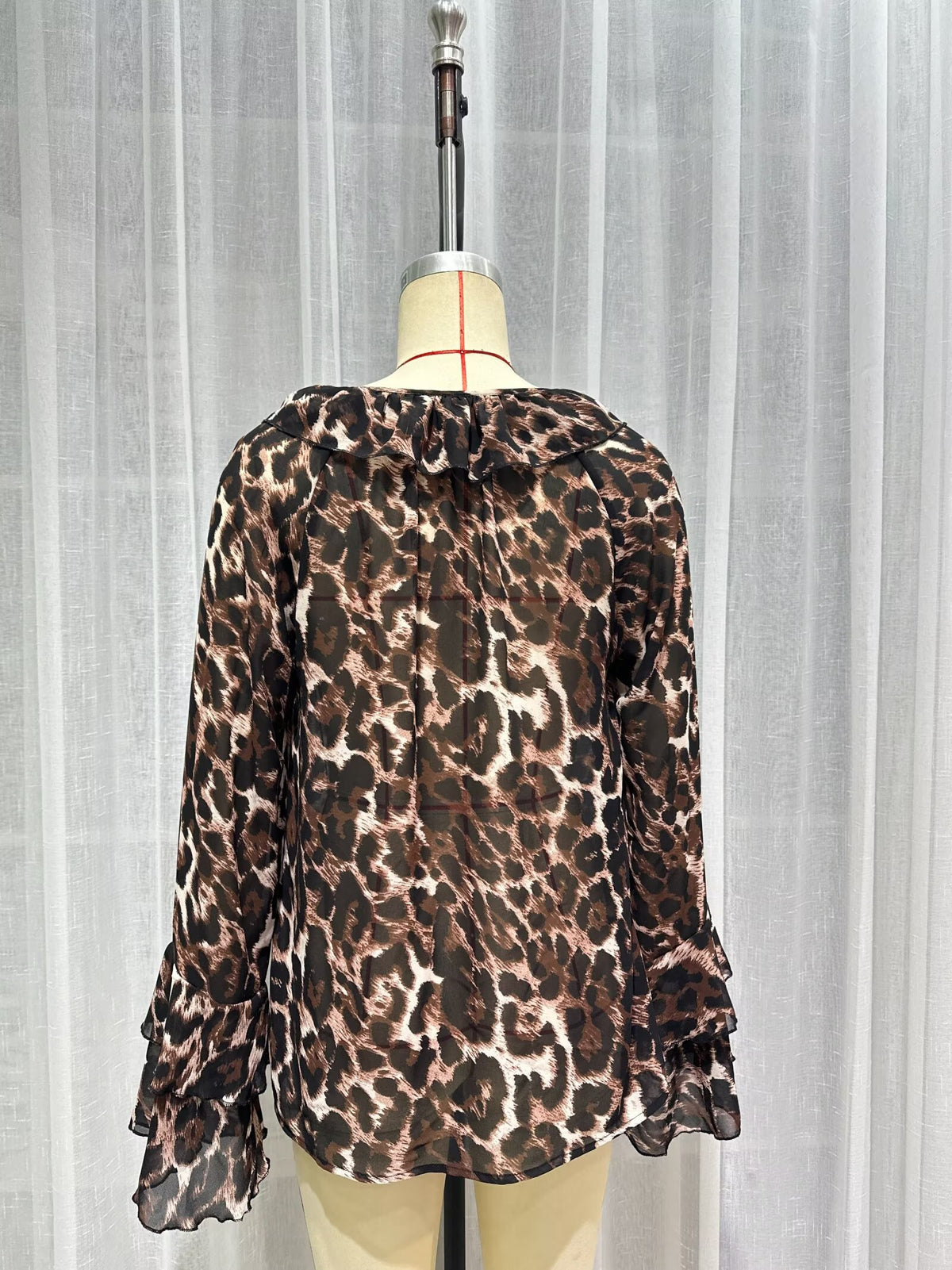Women's Spring Women Clothing Leopard Print Lacing Chiffon Long Sleeve Shirt Top