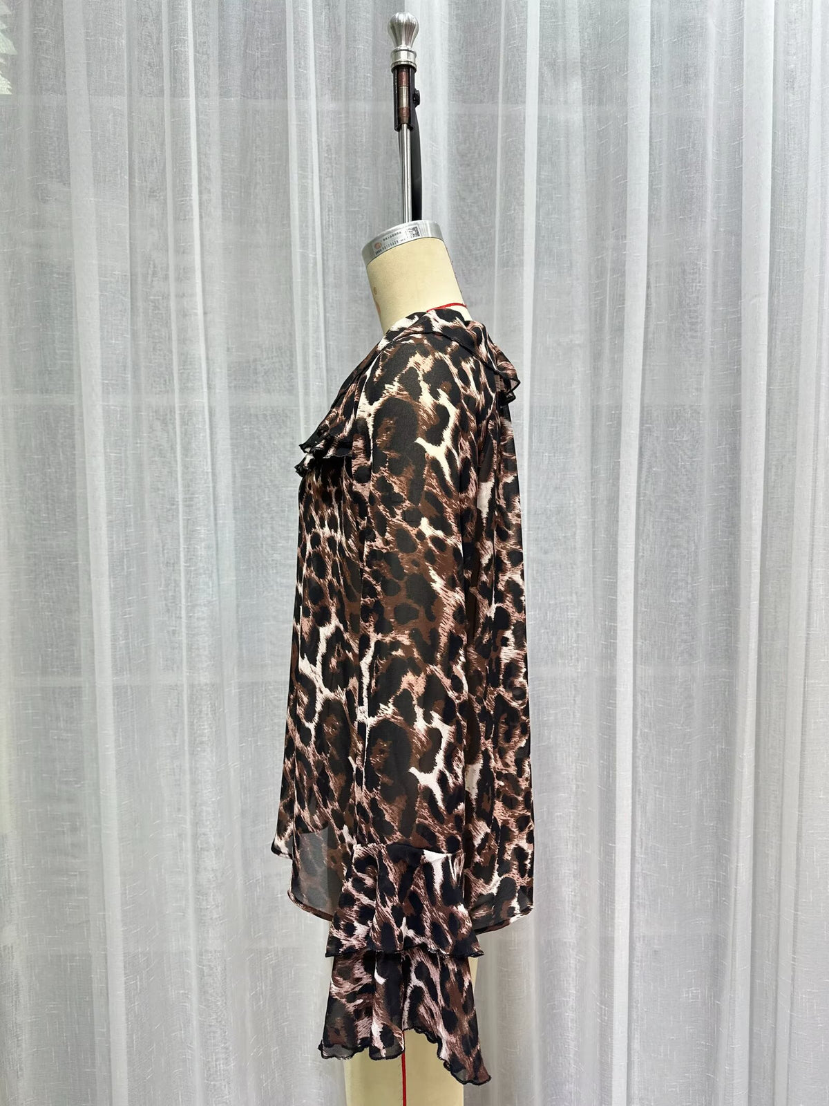 Women's Spring Women Clothing Leopard Print Lacing Chiffon Long Sleeve Shirt Top