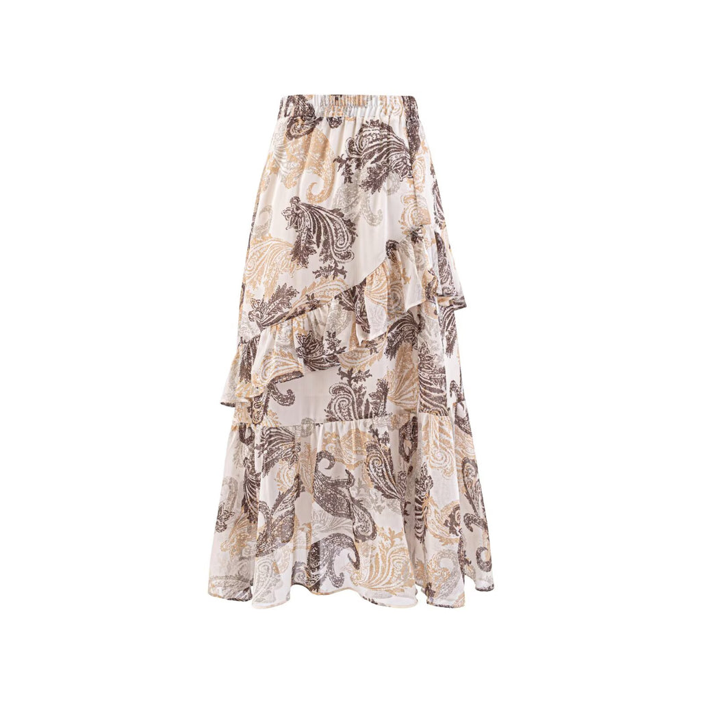 Large Ruffle Printed Long Graceful Elastic High Waist Skirt