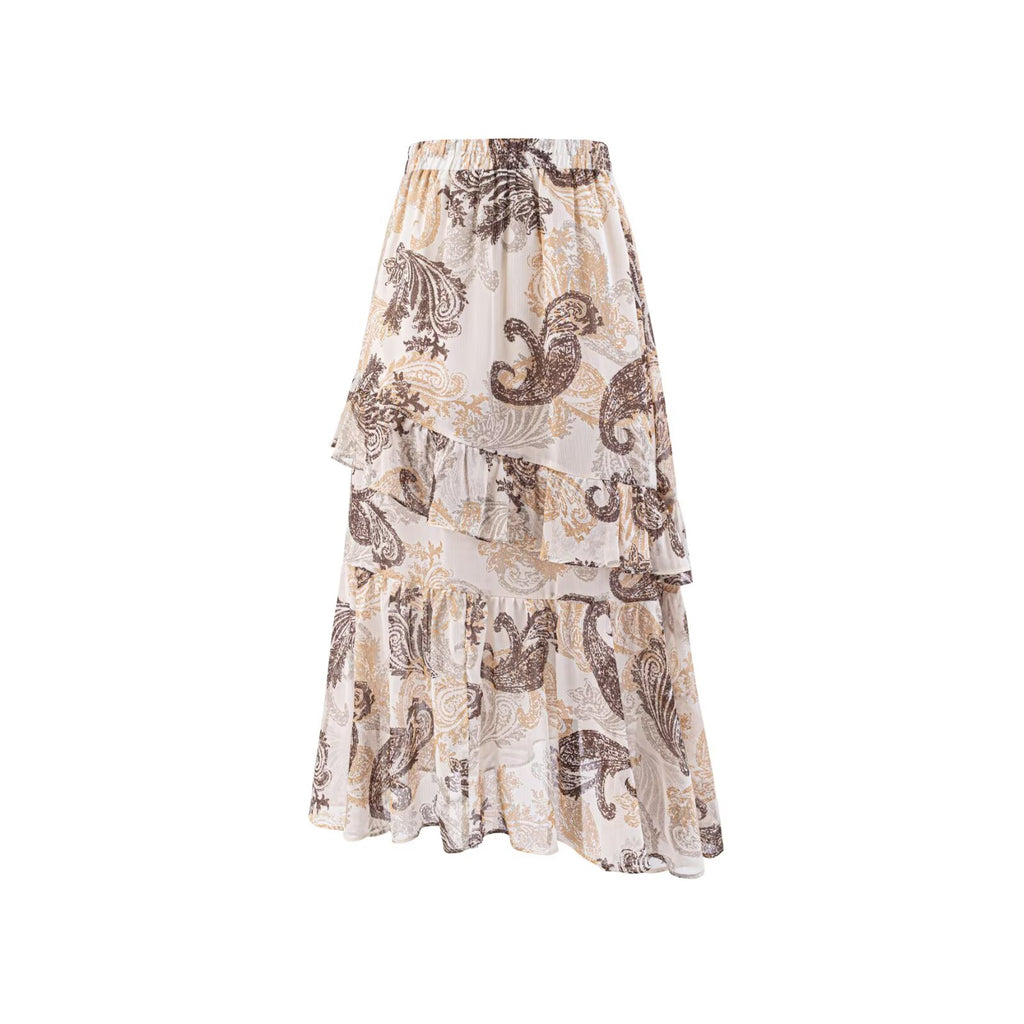 Large Ruffle Printed Long Graceful Elastic High Waist Skirt