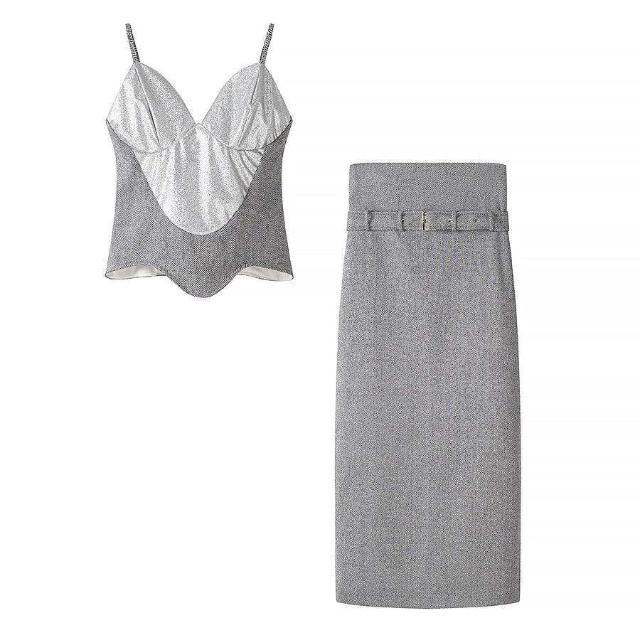 Women Clothing Summer Office Graceful Gray Sequin Sling Suit