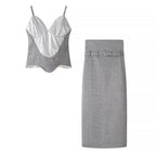 Women Clothing Summer Office Graceful Gray Sequin Sling Suit
