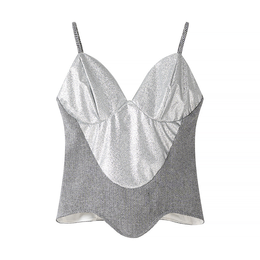 Women Clothing Summer Office Graceful Gray Sequin Sling Suit