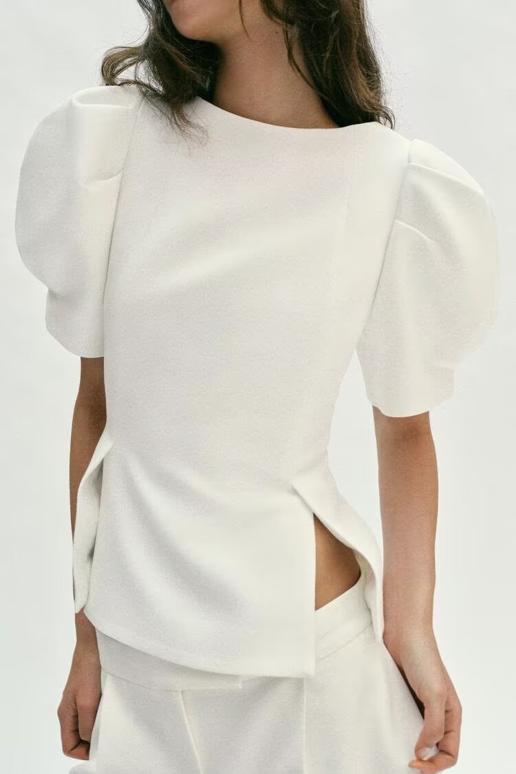 Women's Spring Summer Women Clothing Graceful Fashionable Puff Sleeve Solid Color Slim Fit Top