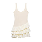 Apricot sleeveless mini dress with tiered ruffle skirt and scoop neck