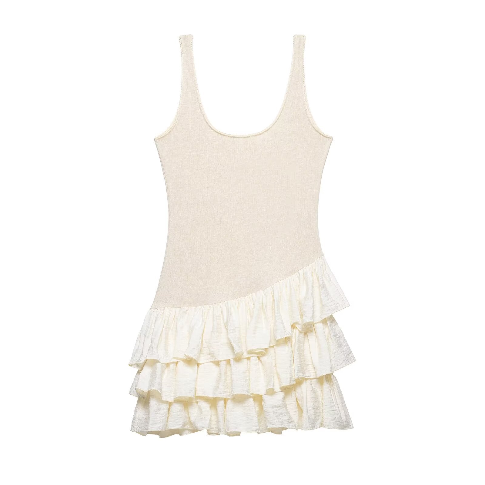 Apricot sleeveless mini dress with tiered ruffle skirt and scoop neck
