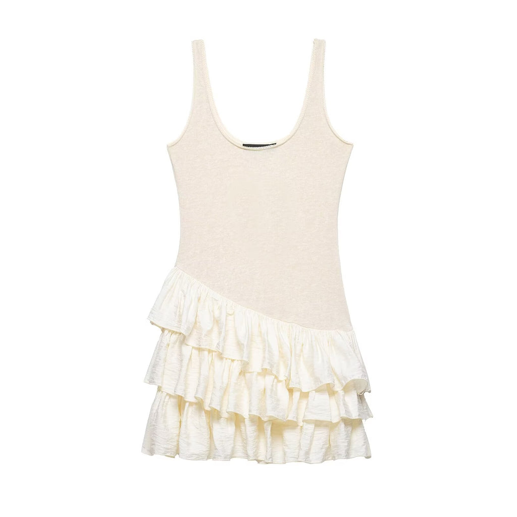 Apricot scoop-neck sleeveless dress with layered ruffle skirt