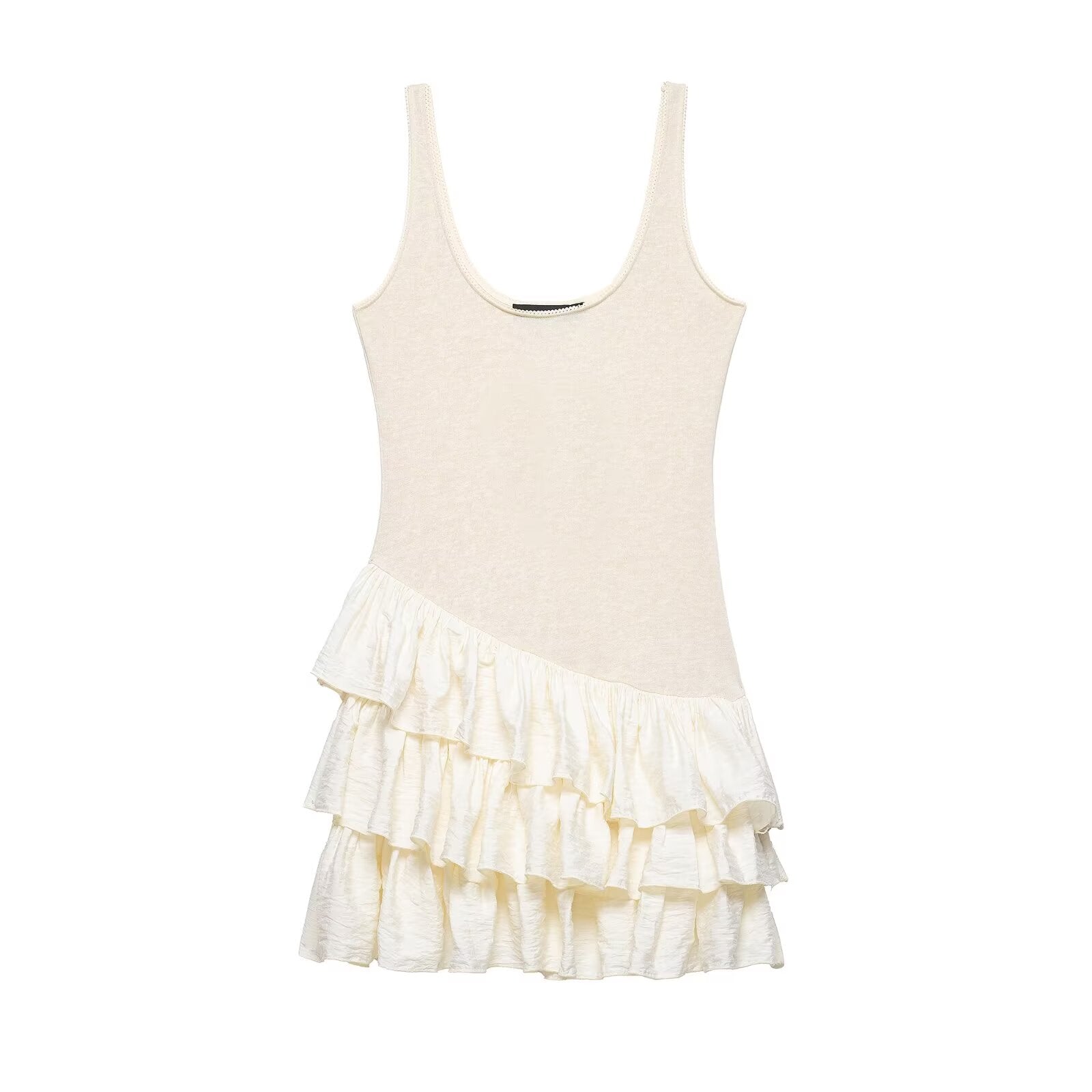 Apricot scoop-neck sleeveless dress with layered ruffle skirt