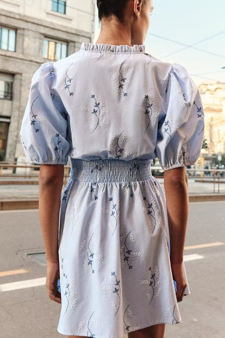 Light blue women's spring dress with puff sleeves, smocked waist at back, and navy animal print