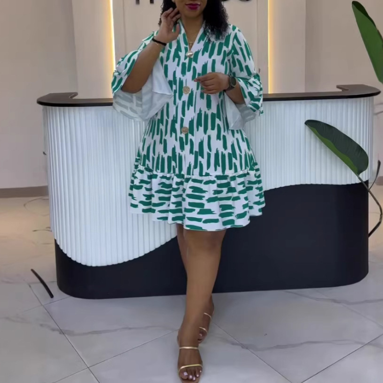 Printed Patchwork Ruffle-Sleeve Dress