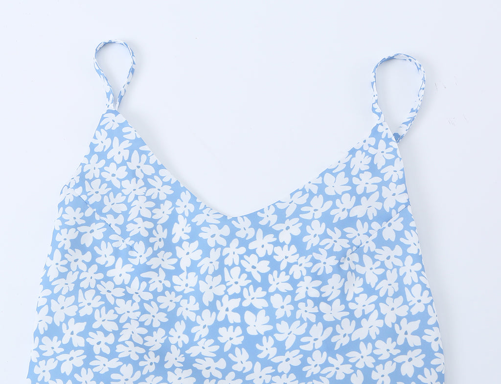 French Minority Vacation Floral Print Back Cut Lace up Bow Suspender Women Summer