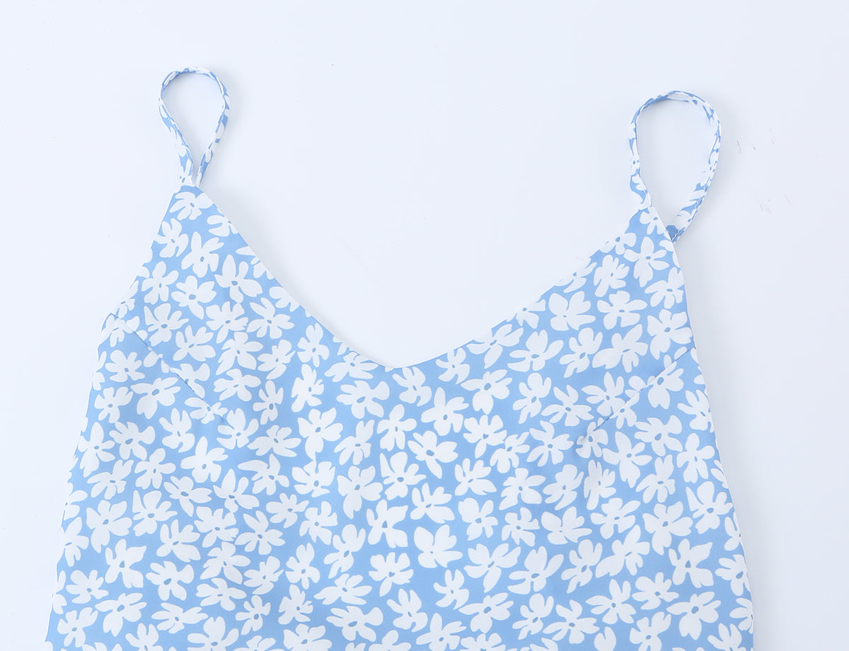 French Minority Vacation Floral Print Back Cut Lace up Bow Suspender Women Summer