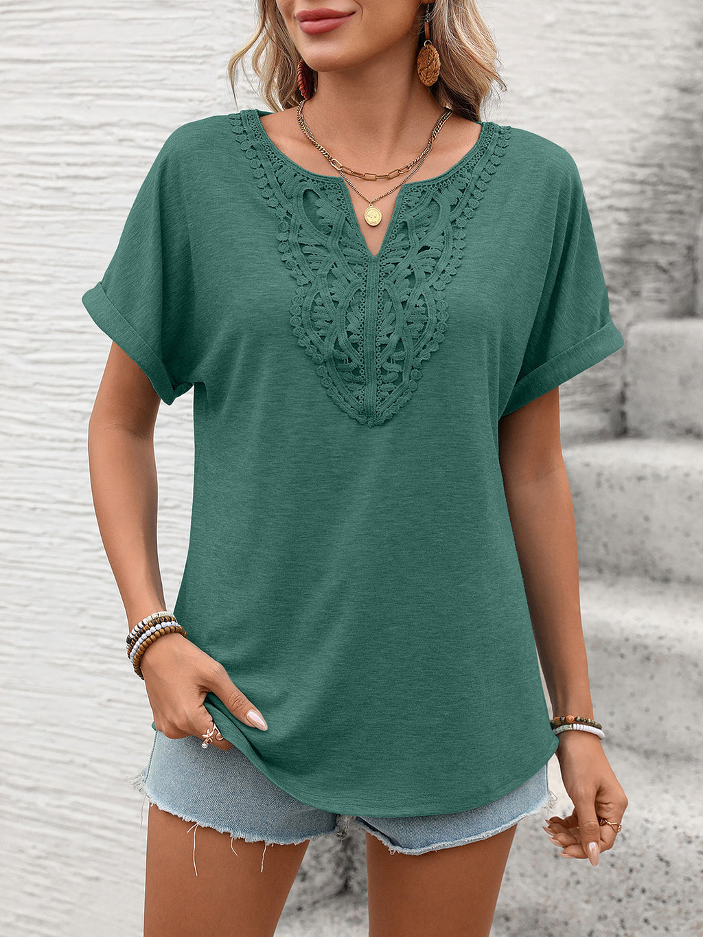 Women's Solid Color V Neck Lace Loose Short Sleeve T-Shirt