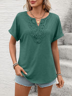 Women's Solid Color V Neck Lace Loose Short Sleeve T-Shirt