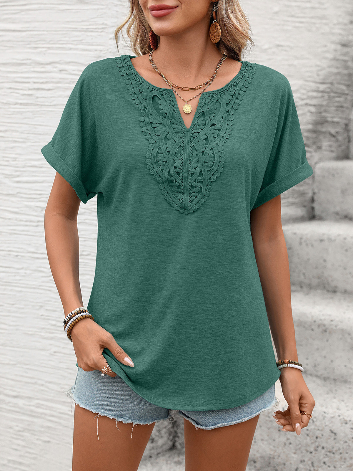 Women's Solid Color V Neck Lace Loose Short Sleeve T-Shirt