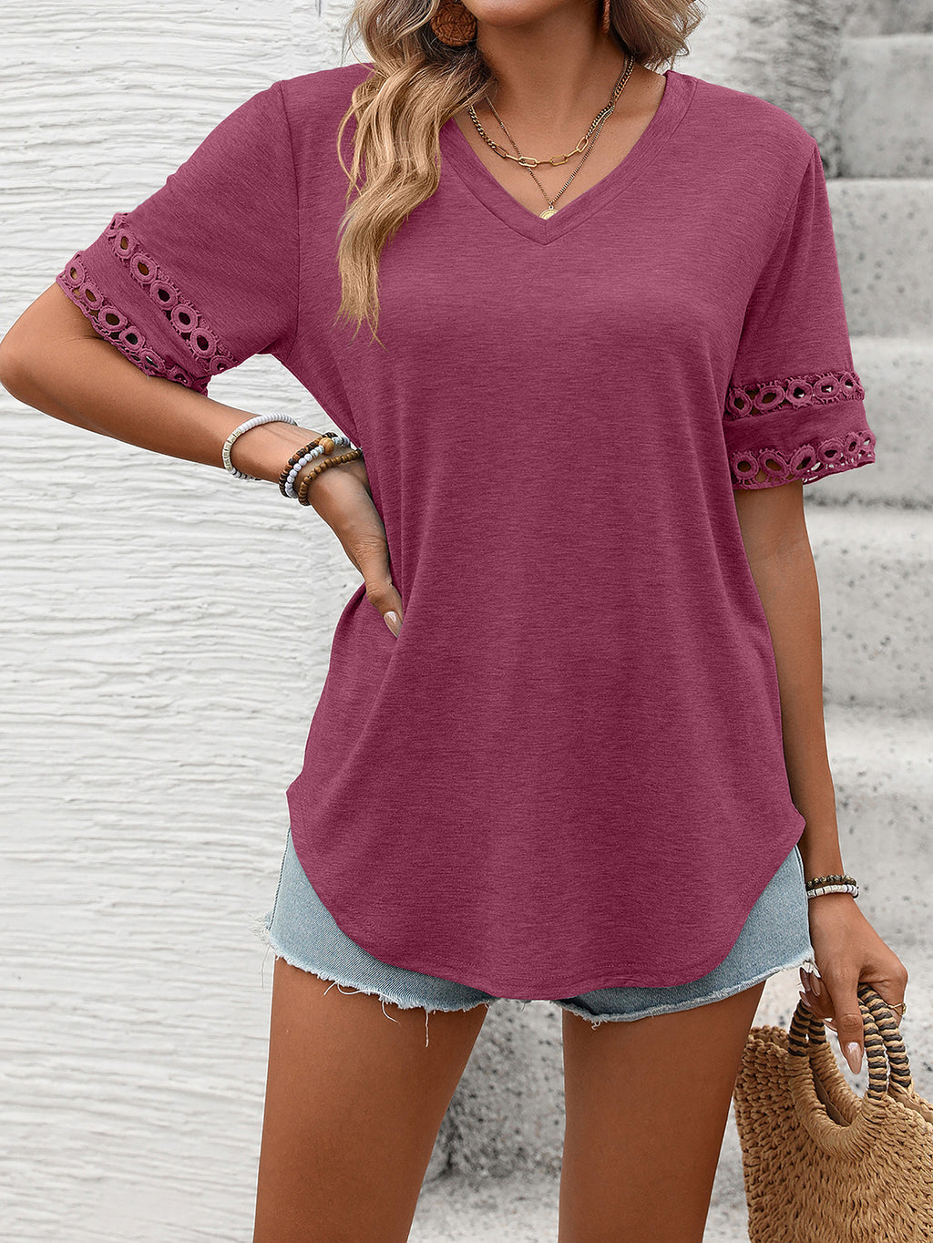 Women's Solid Color V Neck Lace Stitching Short Sleeve Loose T-Shirt