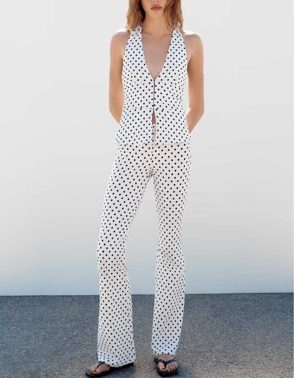 Women's Deep V-Neck Polka Dot Top And Bell-Bottom Pants Two-Piece Set