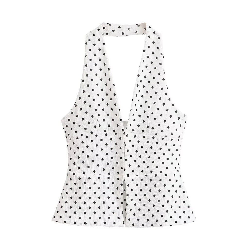 Women's Deep V-Neck Polka Dot Top And Bell-Bottom Pants Two-Piece Set