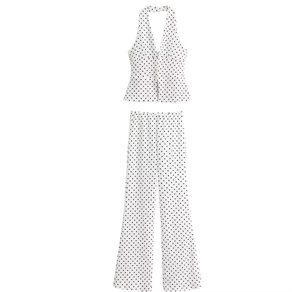 Women's Deep V-Neck Polka Dot Top And Bell-Bottom Pants Two-Piece Set