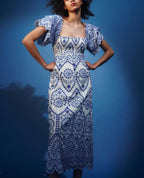 Women's Blue Floral Embroidered Flutter Sleeve Midi Dress
