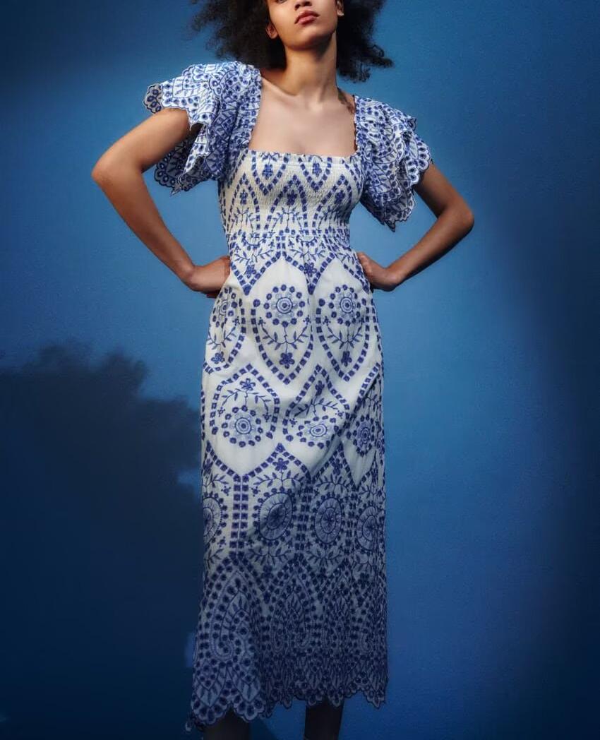 Women's Blue Floral Embroidered Flutter Sleeve Midi Dress