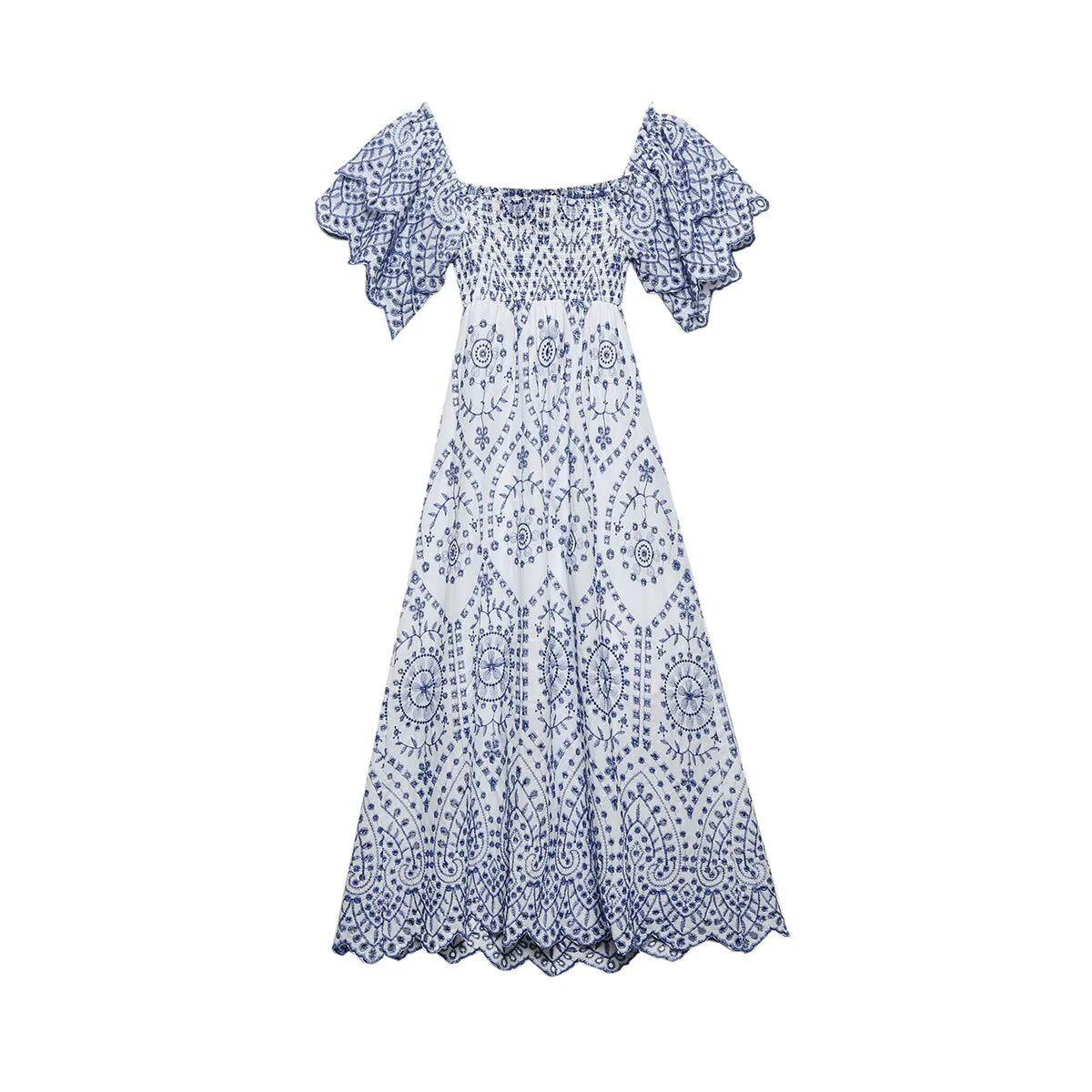 Women's Blue Floral Embroidered Flutter Sleeve Midi Dress