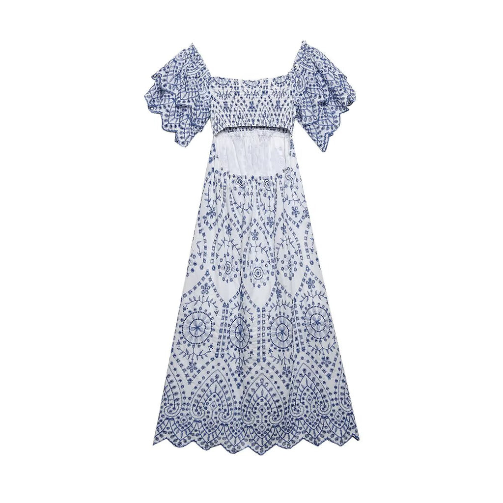 Women's Blue Floral Embroidered Flutter Sleeve Midi Dress