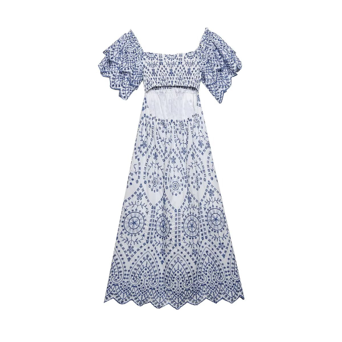 Women's Blue Floral Embroidered Flutter Sleeve Midi Dress