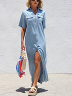 Light blue denim maxi dress with collared button-front, short sleeves, front slit