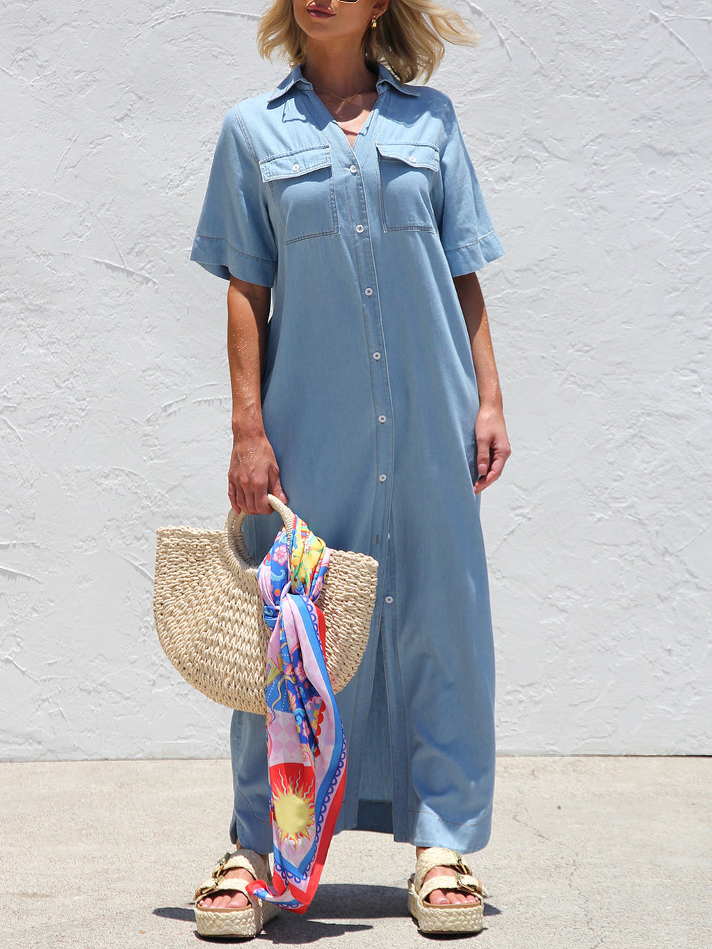 Light blue denim maxi dress with collared button-front and short sleeves