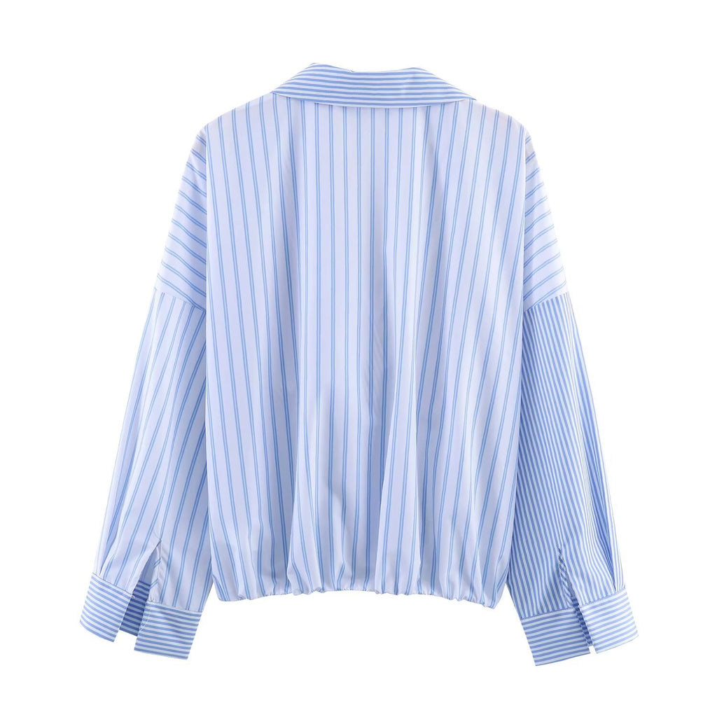 Women's Clothing Spring Patchwork Striped Poplin Loose Shirt