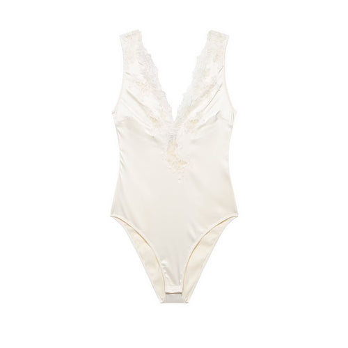 Summer Women Lace Silk Satin Texture Sleeveless Leotard