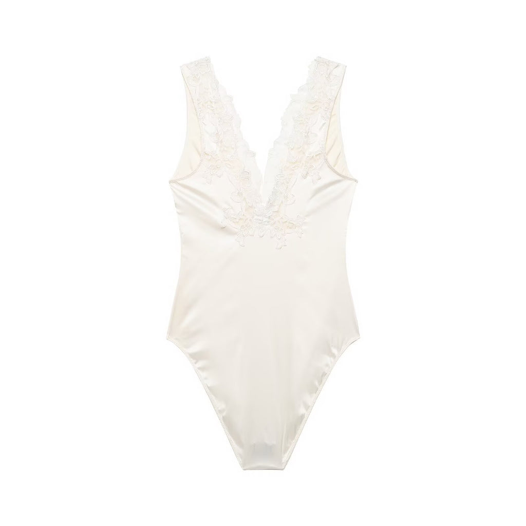 Summer Women Lace Silk Satin Texture Sleeveless Leotard