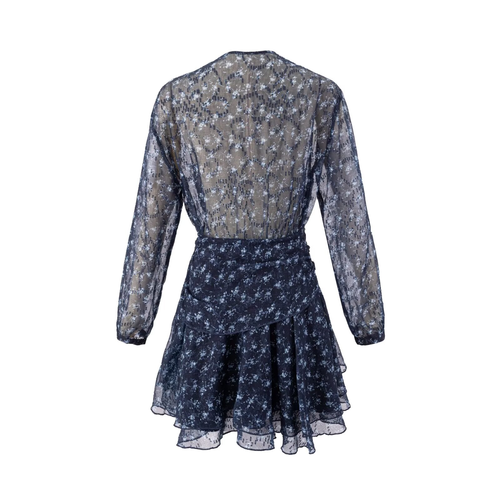 Retro Slimming Thin V neck Floral Mid Length Long Sleeve Chiffon Shirt Women