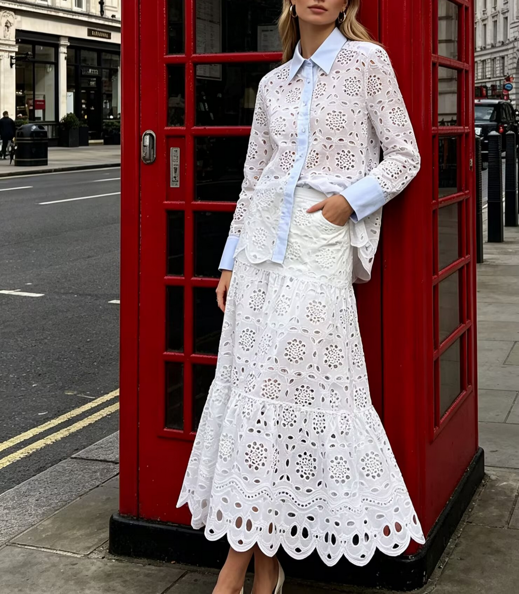 Women's Hollowed Out Embroidery Embroidered Shirt and Skirt Two-Piece Set