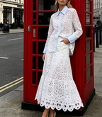 Women's Hollowed Out Embroidery Embroidered Shirt and Skirt Two-Piece Set