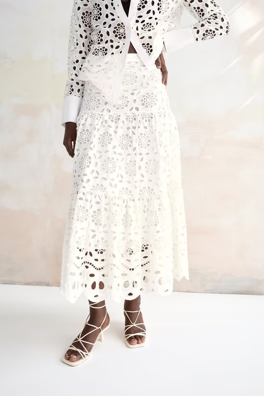 Women's Hollowed Out Embroidery Embroidered Shirt and Skirt Two-Piece Set
