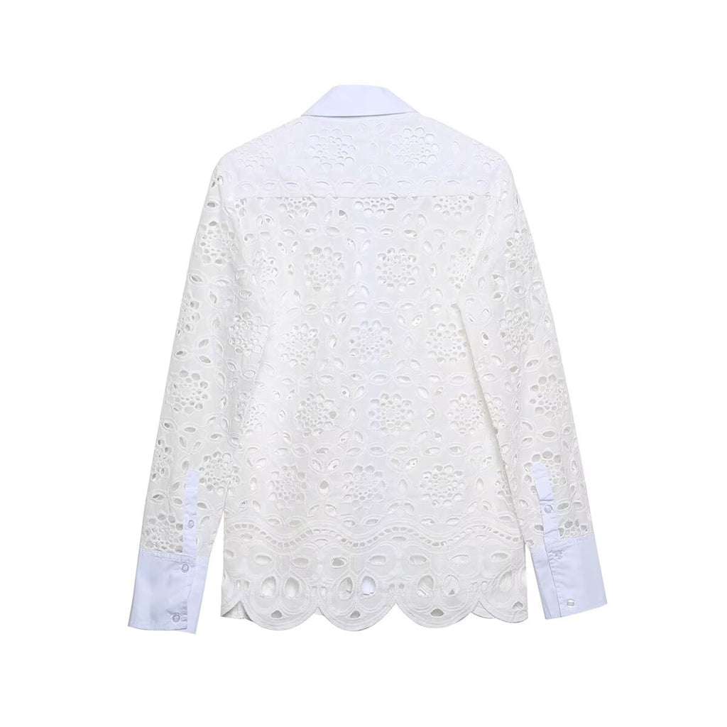 Women's Hollowed Out Embroidery Embroidered Shirt and Skirt Two-Piece Set