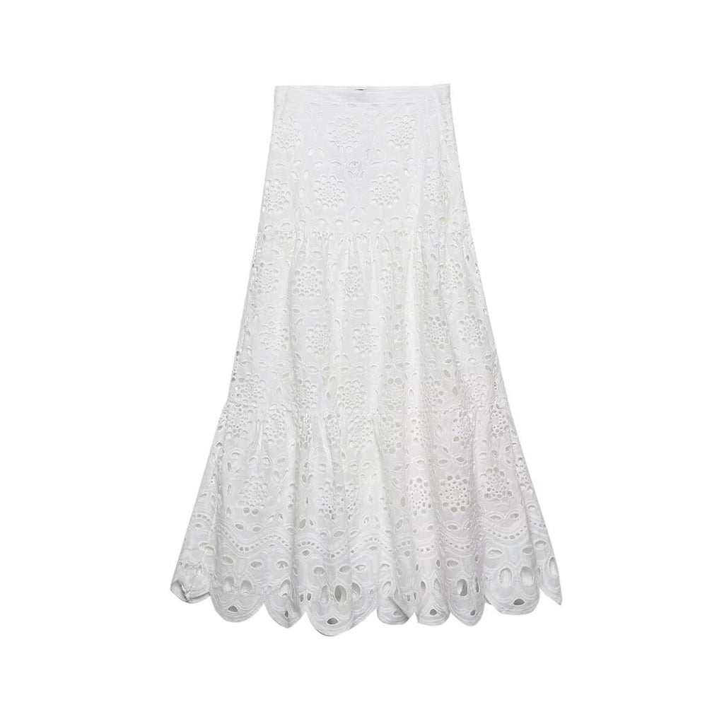 Women's Hollowed Out Embroidery Embroidered Shirt and Skirt Two-Piece Set