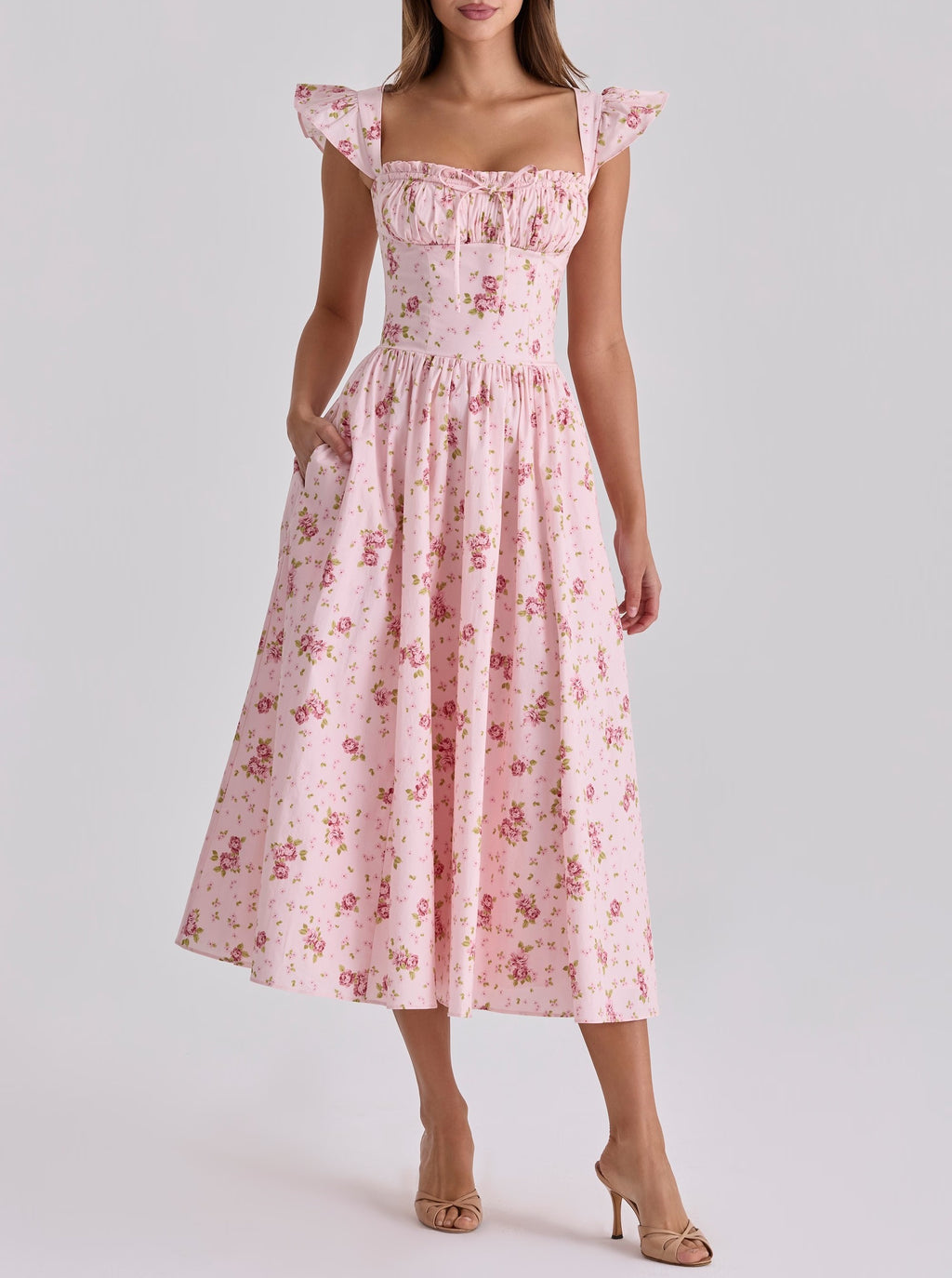 Pink floral lace midi dress with ruffled square neckline and puff sleeves, gathered bodice