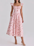 Pink floral lace midi dress with ruffled square neckline and puff sleeves, gathered bodice
