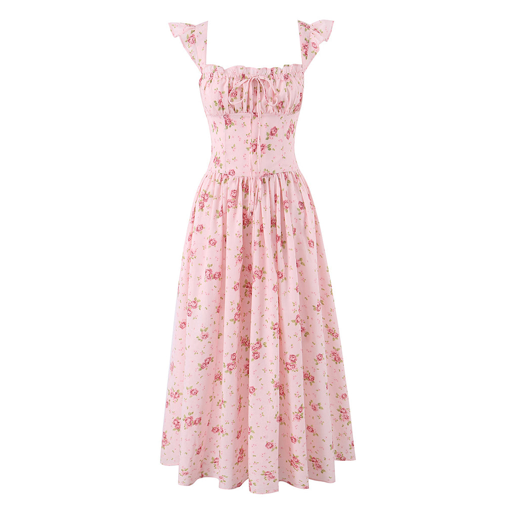 Pink floral lace midi dress front view, smocked waist and puff sleeves, tiered skirt