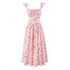 Pink floral lace midi dress front view, smocked waist and puff sleeves, tiered skirt