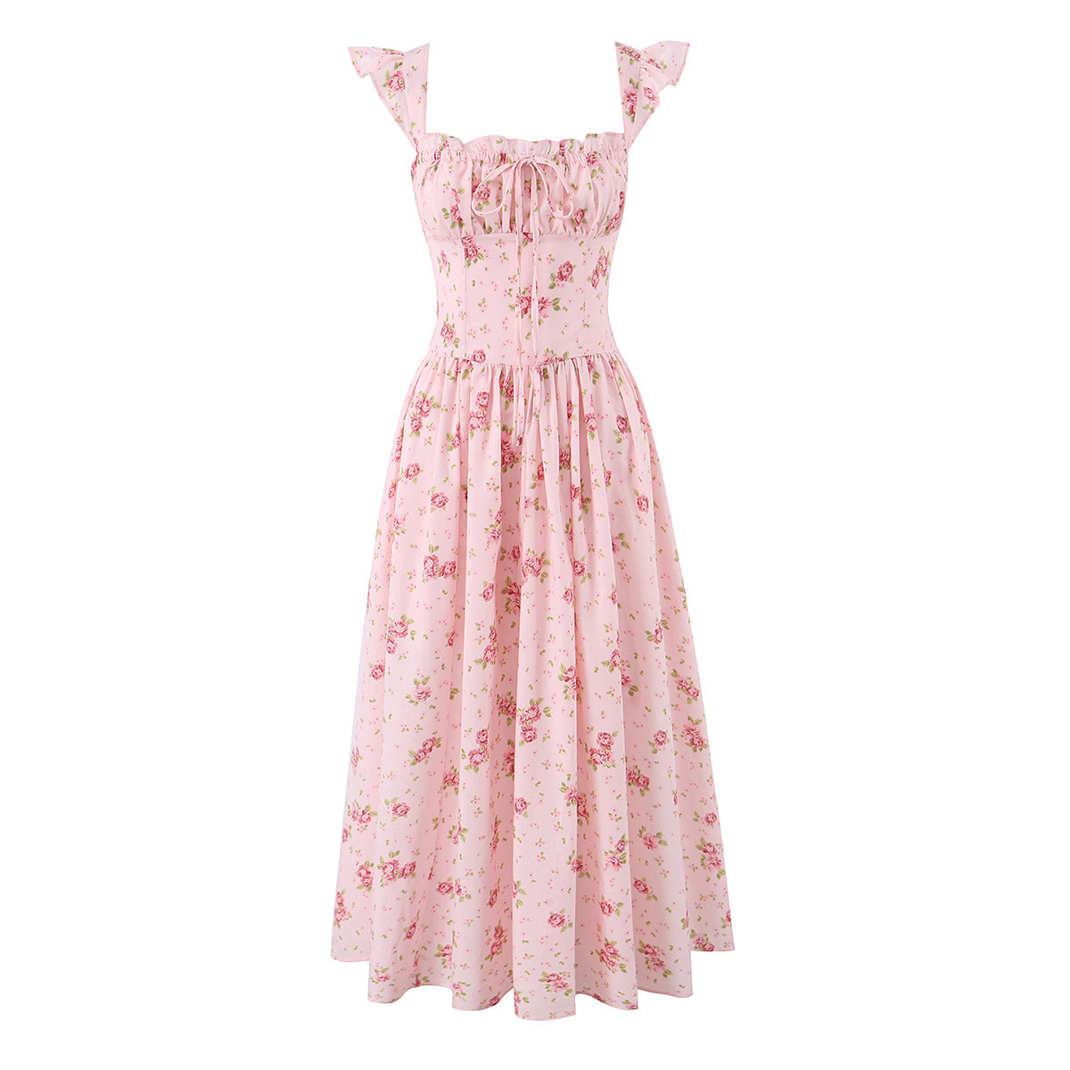 Pink floral lace midi dress front view, smocked waist and puff sleeves, tiered skirt