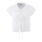 Women's Gentle Doll Collar Love Patch Hollow Out Cutout out Embroidery Tie Neck Puff S