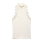 Women's Office Sleeveless Half Turtleneck Lace Rib T-Shirt
